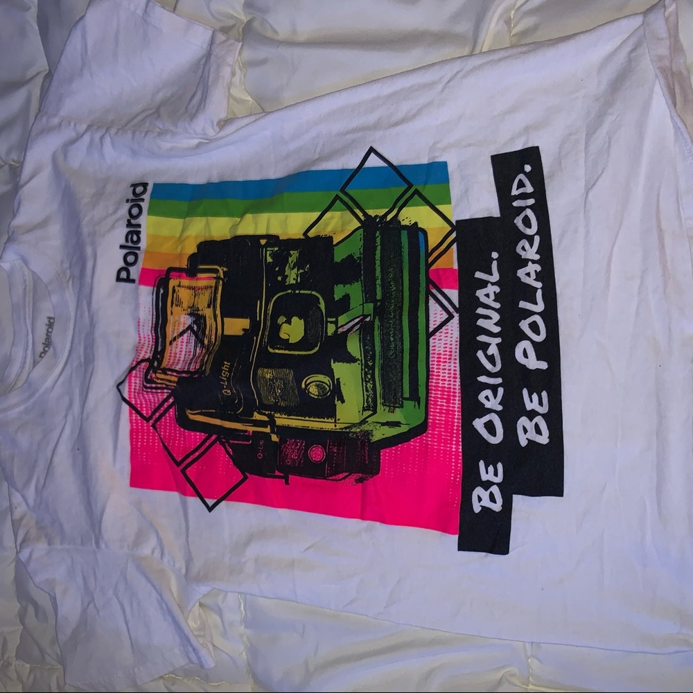 white polaroid graphic tee